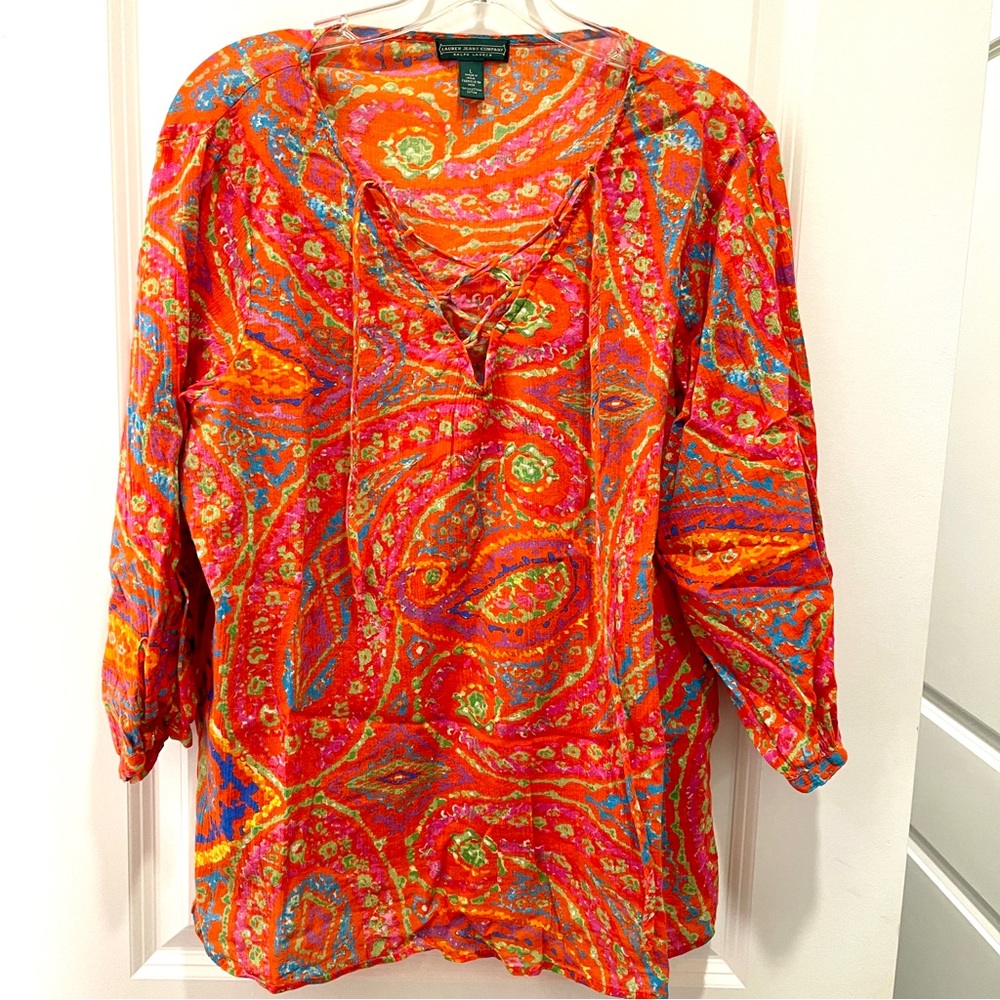 Ralph Lauren -Lauren Jeans Company Boho Chic 100% Cotton Peasant Blouse Ladies L - Picture 2 of 12